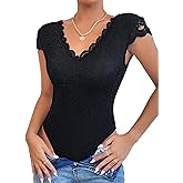 GIYKBX Women's Short Sleeve Lace Bodysuit Sheer V-Back Sexy V Neck Slim Fit Going Out Top Double Lined Thong Body Suit