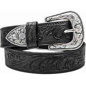 MINZZS Western Leather Belt for Men with Changeable Buckle Handmade Tooled Cowboy Belt with Big Buckle For Jeans (Black)