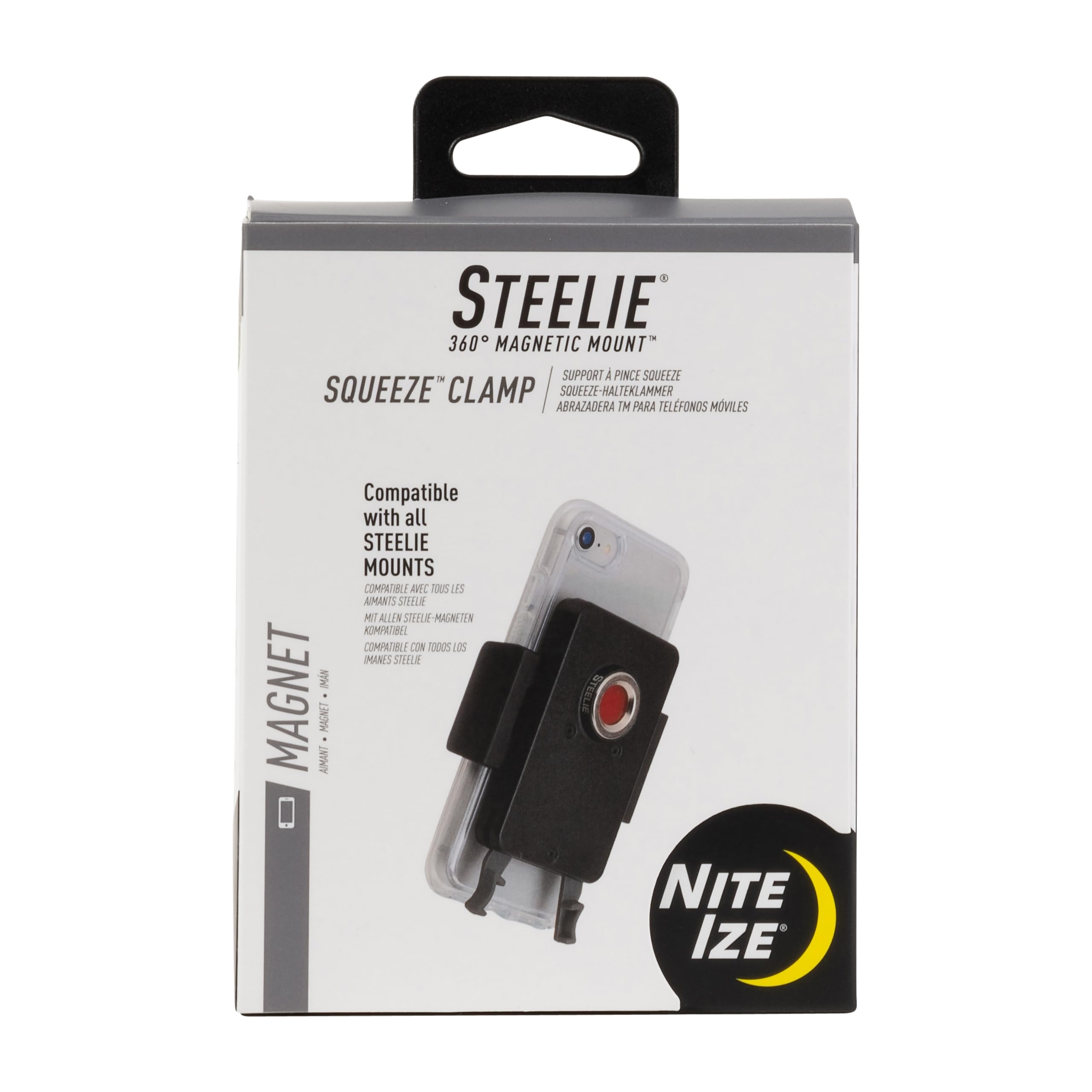 Nite Ize Steelie Squeeze Clamp - Universal Dashboard Mount for Hands-Free Use - Easy-Squeeze Levers - Continuous Force Springs - 360-Degree Rotation Magnetic Holder - Compatible with Wireless Chargers