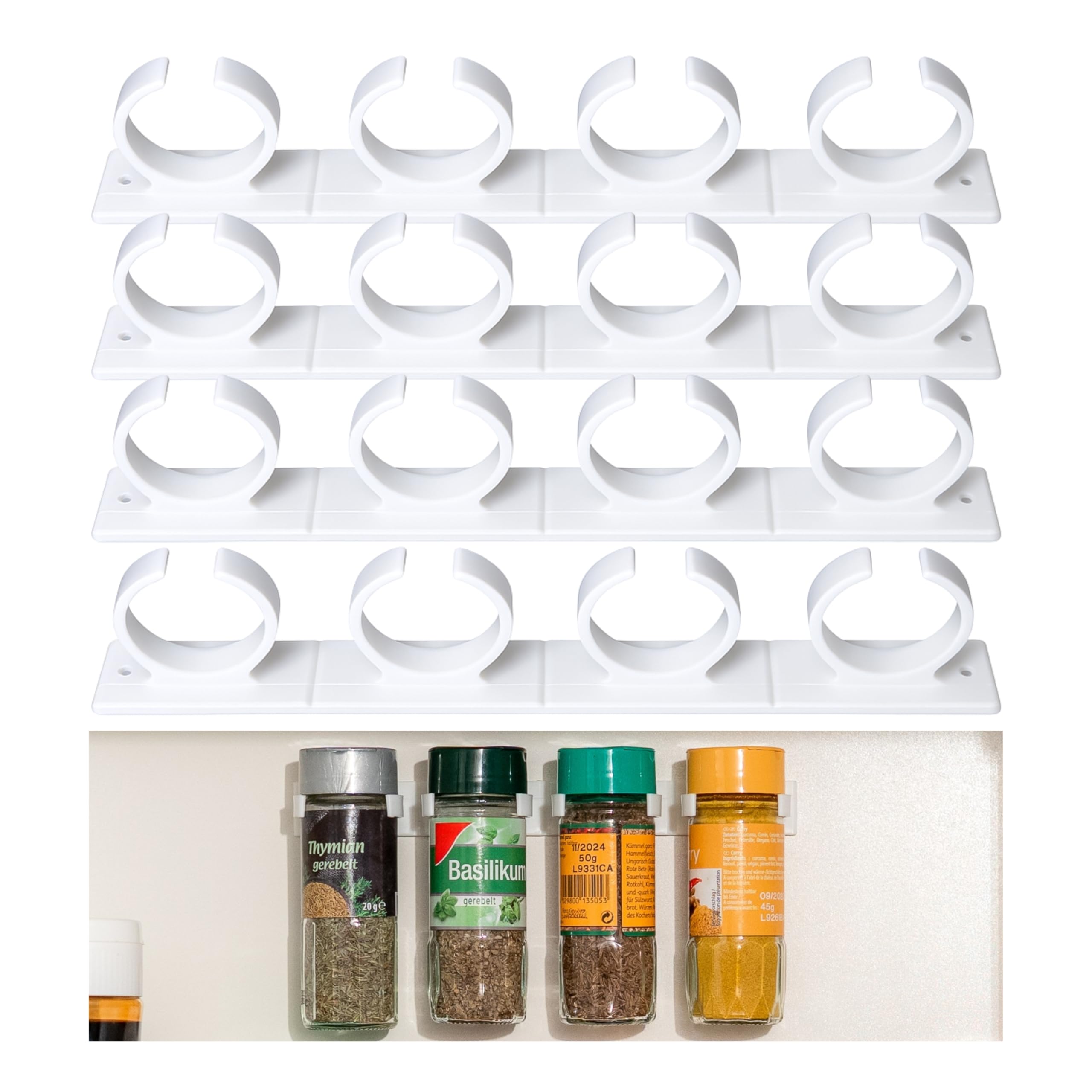 Herb & Spice Rack Gripper Clips, for 16 Cans, Holds Spice Cans Ø 1.29" - 1.77" and 5.3 ounces weight, Herb & Spice Organiser, for Kitchen Cupboard, Cabinet & Tiles, Customisable, White, 4x4 Large