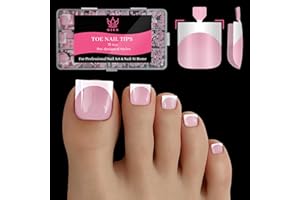 QIEK Press On Toenails for Women French Tips, Sharp Square Pre-applied Primer & Base Coat Toe Nail Press Ons Baby Pink Full Cover Fake Tips Extension 15 Sizes 270 Pcs, Builder Nail Gel & Top Coat Required
