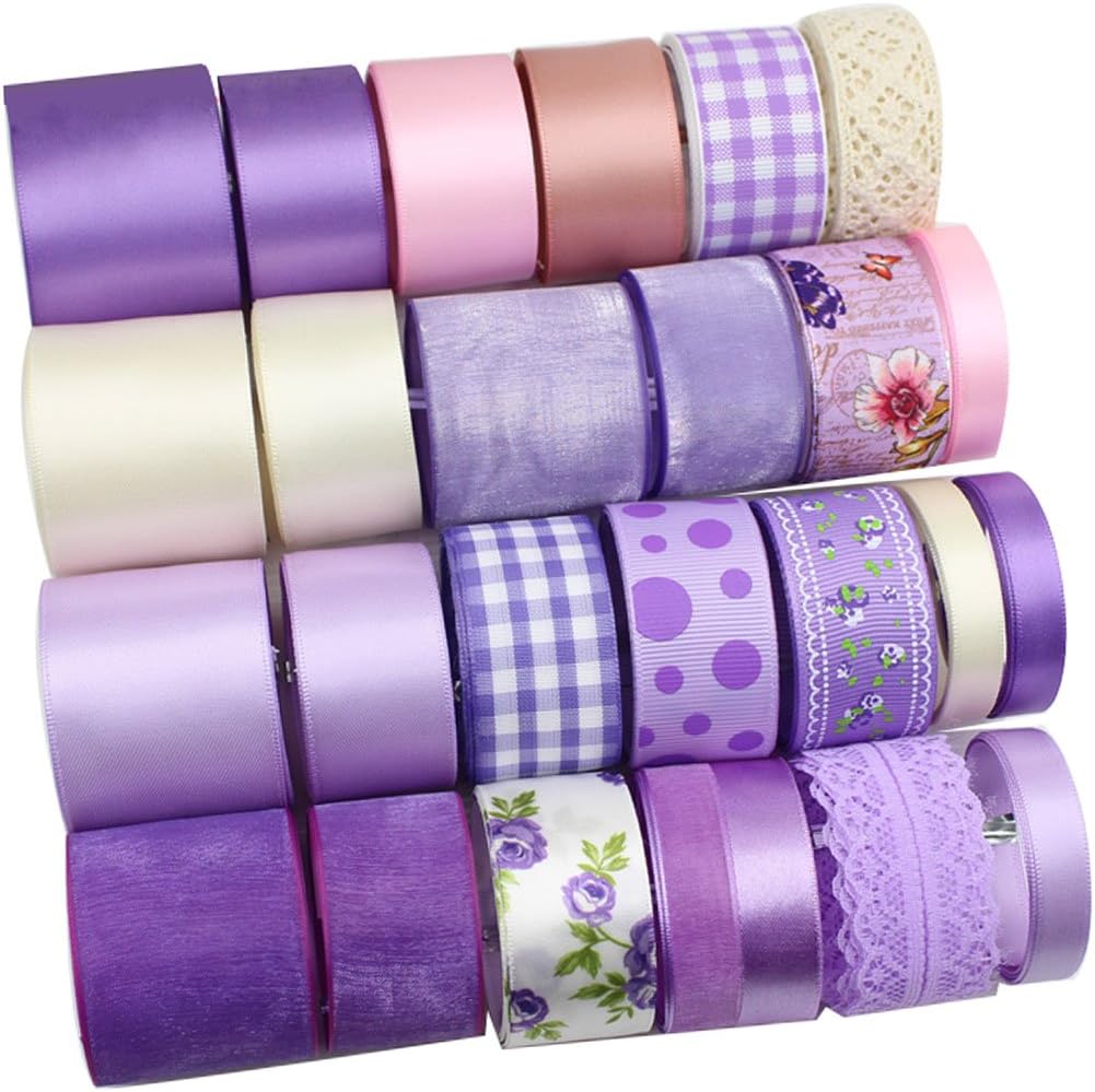 Seventopia 25 Patterns Mesh Lace Satin Grosgrain Fabric Ribbon Set for Crafts, DIY, Hair Bows and Gift Wrapping