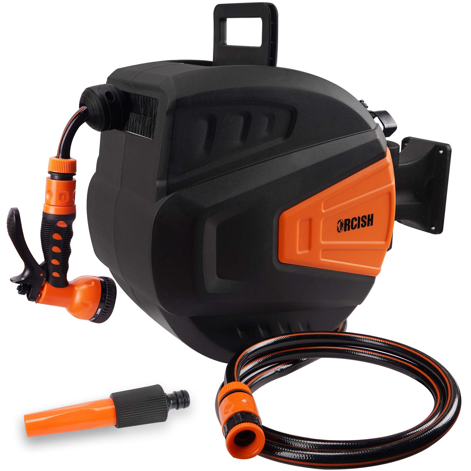 ORCISH Retractable Garden Hose-Reel with 9 Adjustable Sprayer Nozzle 3/8 in. x 66 FT Water Hose, Wall Mount/Auto Rewind