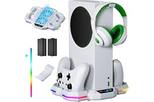 Cooling Fan Stand for Xbox Series S with RGB Light Strip, Wiilkac Upgraded Dual Controllers Charging Dock Accessories with 2 X 1400mAH Rechargeable Battery Pack, Headset Hook & USB Ports - White