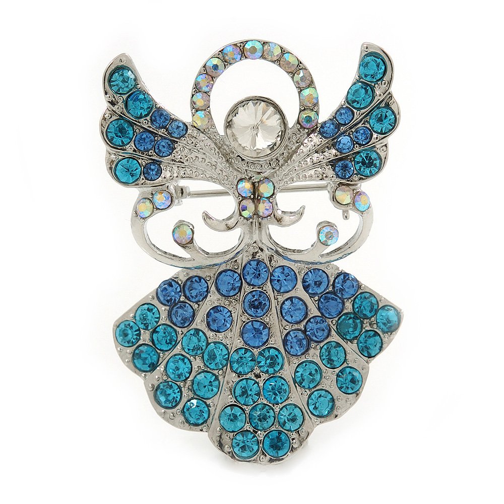 Light Blue Crystal Angel Brooch In Rhodium Plating - 45mm L