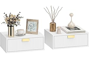 HOMCOM Modern Floating Nightstands Set of 2, Wall Mounted Bedside Tables with Wave Drawer, Side End Table for Bedroom, White