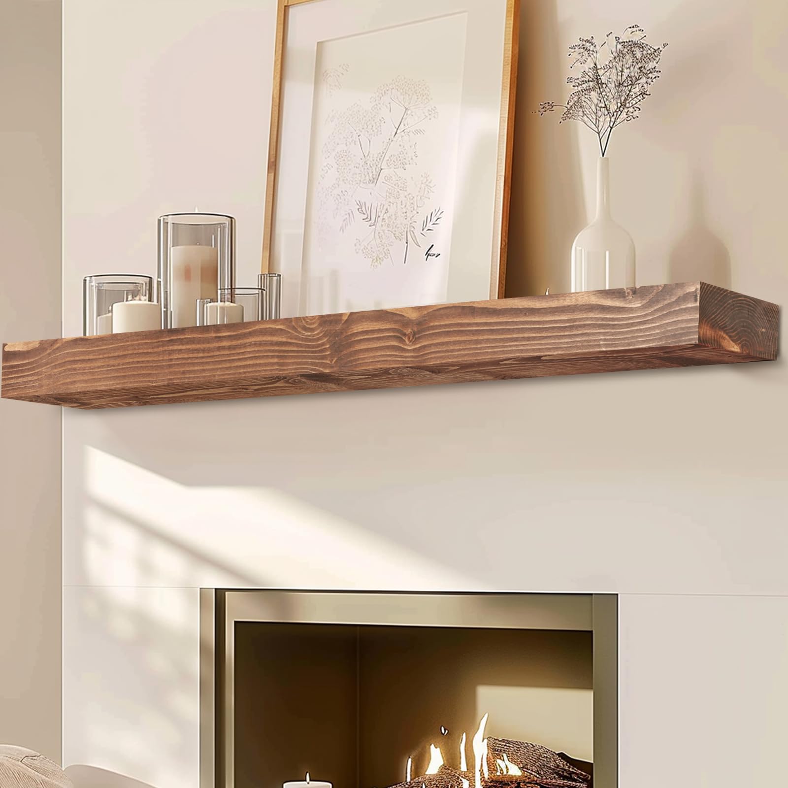 Photo 1 of YLYHSST 72" Fireplace Mantel, 3'' Thick Handmade Rustic Solid Wood - Wall Long Floating Shelf with Invisible Metal Bracket, Brown