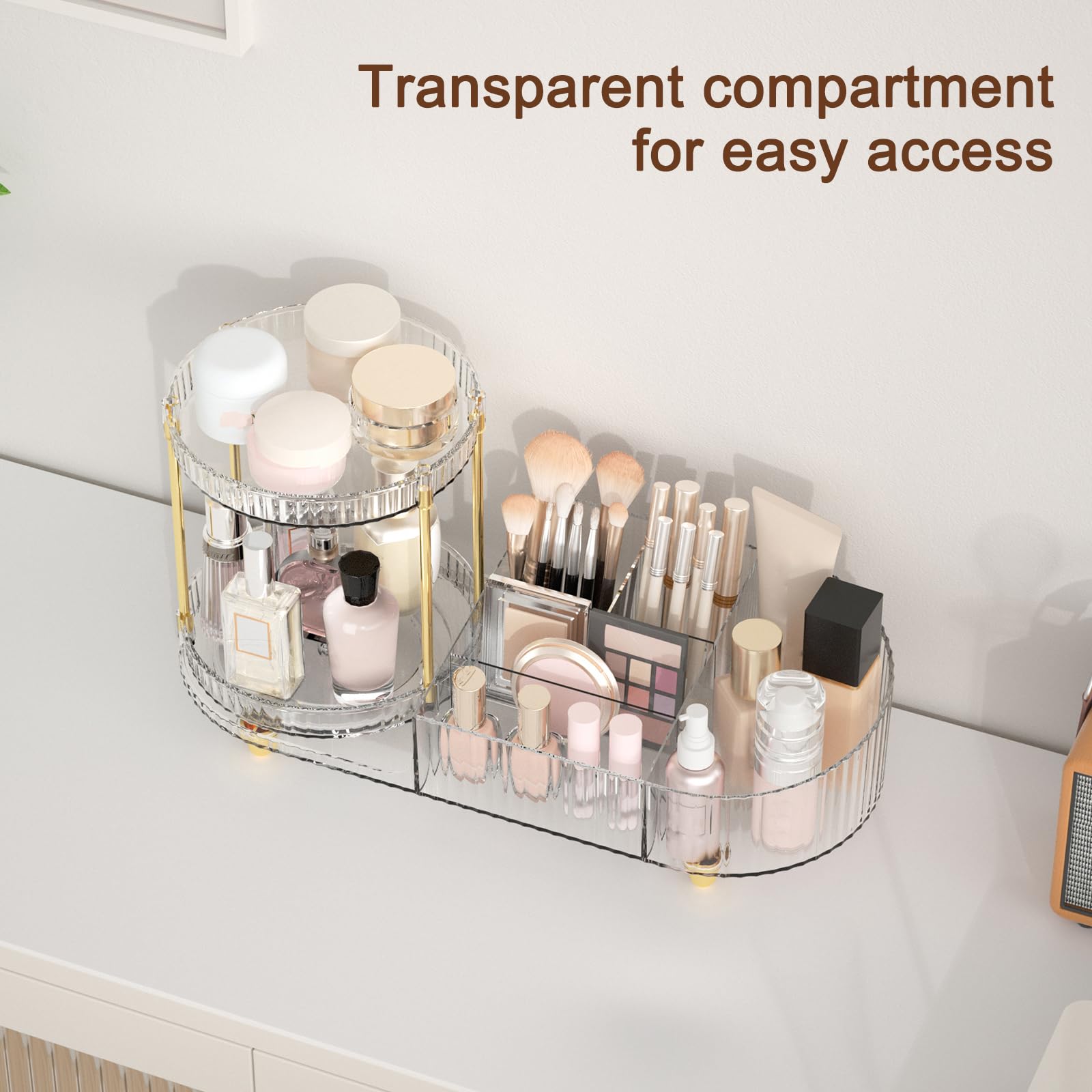 Makeup Organizer Countertop for Vanity, Rotating Perfume Tray with 5-compartment Cosmetic and Skincare Organizers, Multi-Purpose Desk Storage Makeup Brush Holder for Bathroom Bedroom Counter