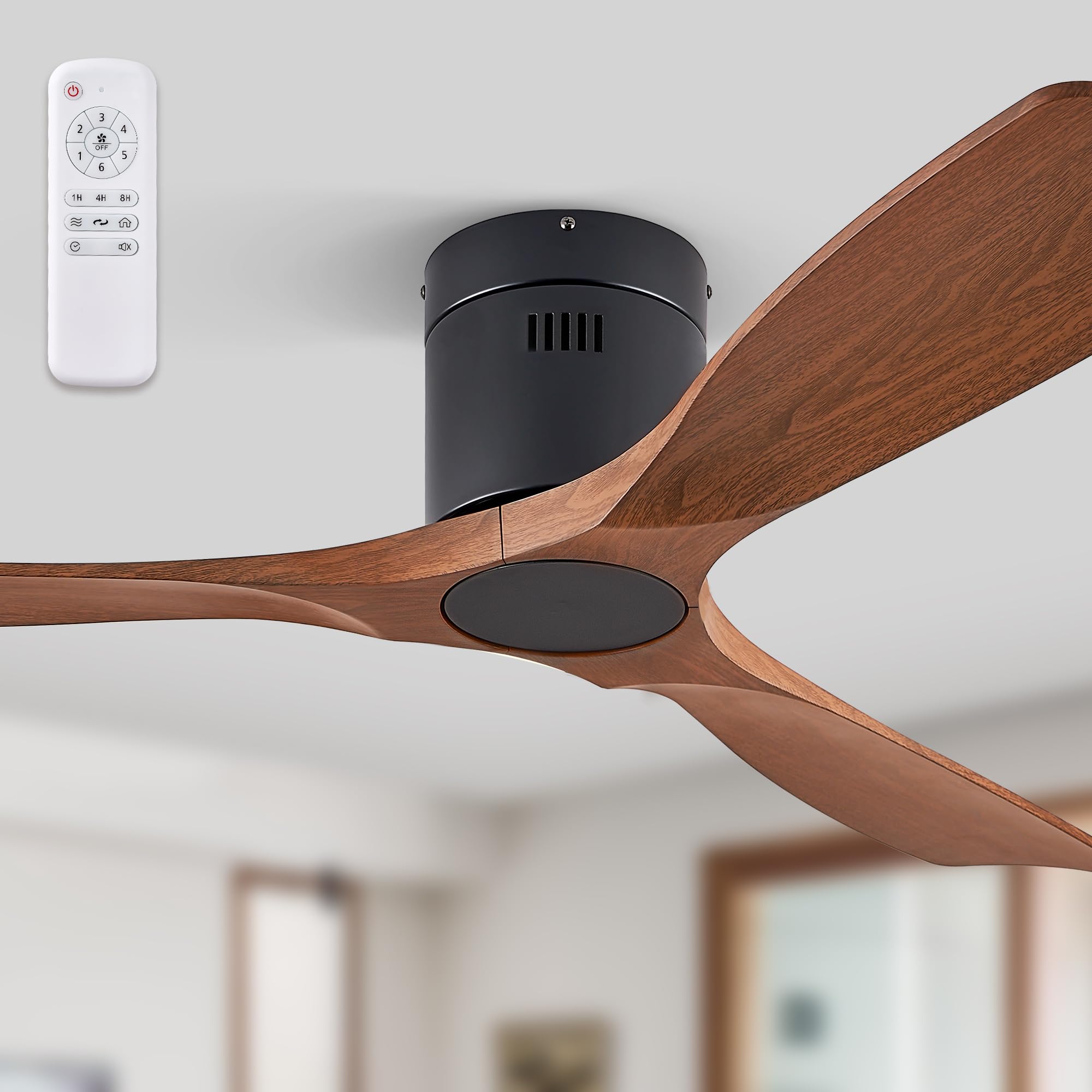 Photo 1 of (FOR PARTS) Fanbulous 52" Ceiling Fans without Lights, Flush Mount Ceiling Fan with Remote Control Modern,Low Profile Ceiling Fans with 6-Speeds Reversible DC Motor for Patio Living Room Bedroom(Walnut)
