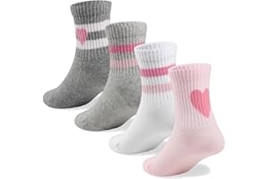 COTTON DAY Kids Girls Pink White Crew Athletic Socks with Retro Stripes Hearts