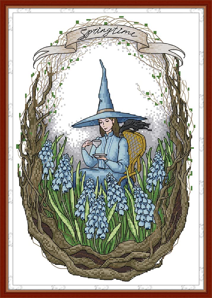 Amiiba Stamped Cross Stitch Kits, Springtime Tea Party Magic Witch Lavender Field DIY 11CT 14.9x20.4 inch (Spring)