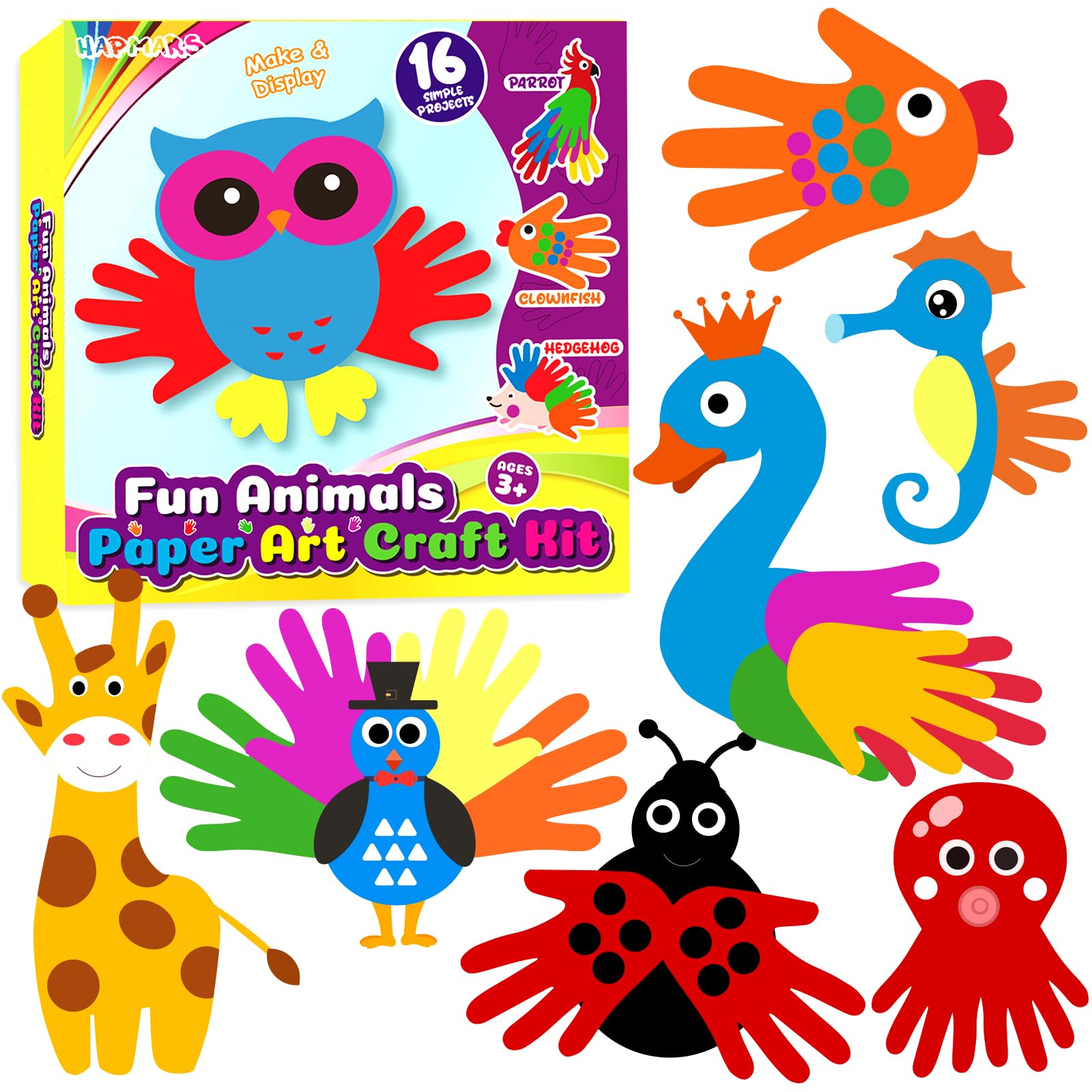 HAPMARS Handprint Art Craft Kits for Kids,16 Pack Animals Paper Art Sets for Toddler Boys & Girls Age 3,4,5+,DIY Fun Cutouts Hand Print Paper Crafting,Creative Educational Toys for Preschool Classroom