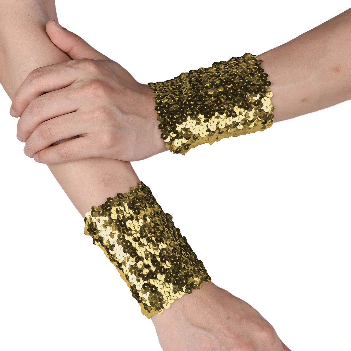 YOOJIA Women Shiny Sequin Stretchy Oversleeves Sparkle Performance Cosplay Costume Cuffs Party Club Wear Gold One Size