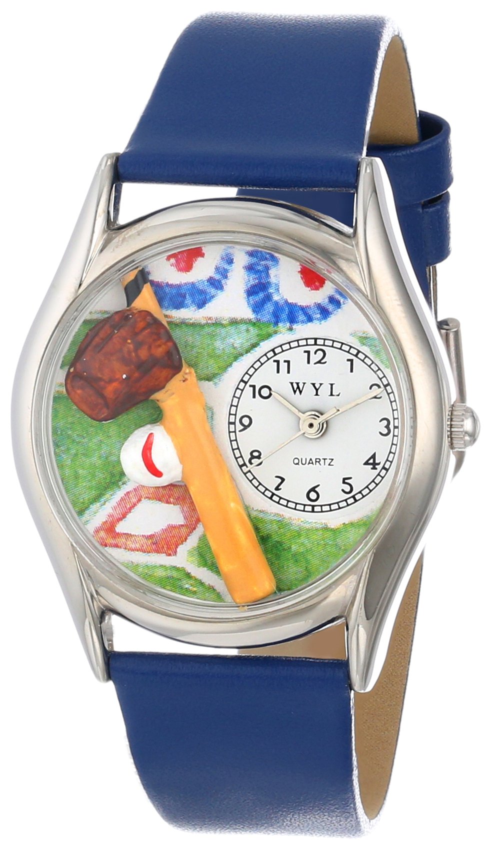 Whimsical Watches Baseball Royal Blue Leather and Silvertone Unisex Quartz Watch with White Dial Analogue Display and Multicolour Leather Strap S-0820004
