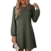 Dokotoo Spring Dresses for Women 2026 Crochet Lace Neck Long Sleeve A Line Shift Dress Flowy Swing Mini Dress