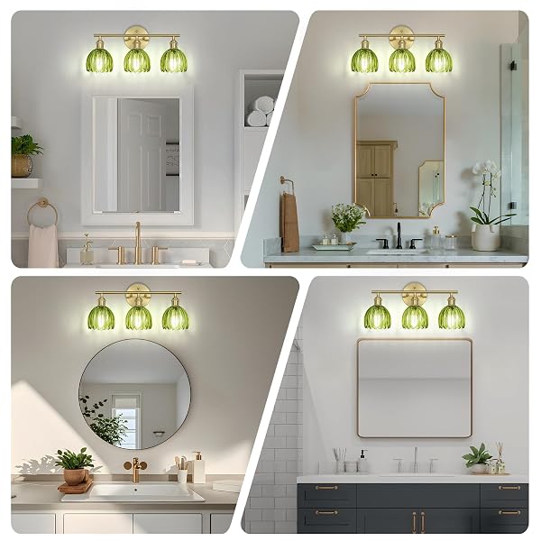 KVHIIW VINTAGE BATHROOM LIGHT FIXTURES,3-LIGHT HARDWIRED VANITY LIGHTS WITH GREEN TULIP GLASS SHADE,GOLD BATHROOM VANITY LIGHT FOR MIRROR RESTROOM,E26 SOCKET,18.5 IN(BULBS NOT INCLUDED)