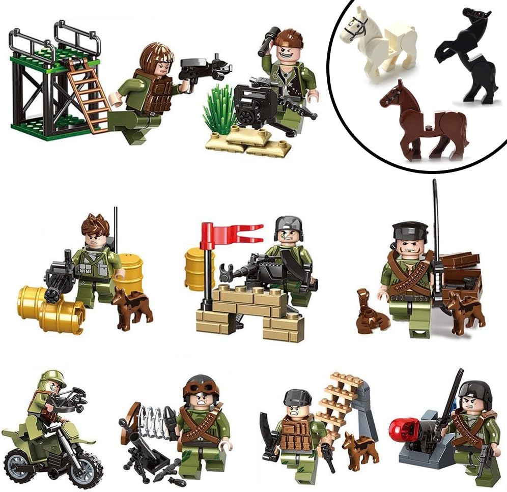 Mini Figures Set - 9 Pcs Army Minifigures with Military Weapons Accessories, Toy Soldiers SWAT Team with Kids Building Bricks, Army Military War Games Mini Dogs Horses Building Block Toys (9 soldiers)