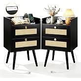 EOLULIG Rattan Nightstands Set of 2, Boho Bedside Table with 2 Drawers | Nightstands Set of 2 with Charging Station, Open Storage End Tables for Bedroom, Small Spaces and Dorm, Solid Wood Legs,Black