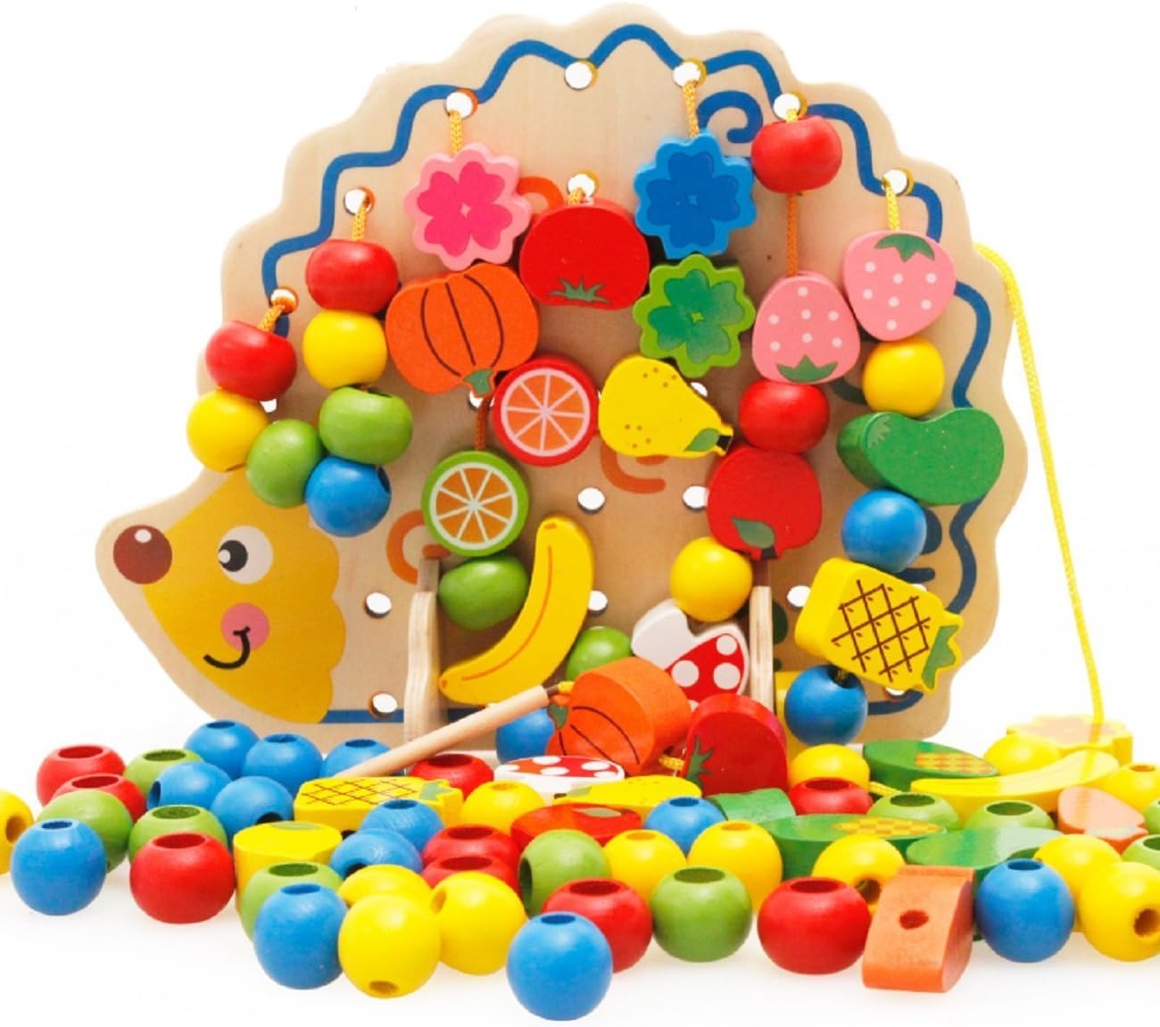 Kid's Lacing Beads Wooden Toy,Toocoo Wooden Fruits and Vegetables Lacing & Stringing Beads Toys with Hedgehog Board for Kid's Early Education(Above 3 Years Old)