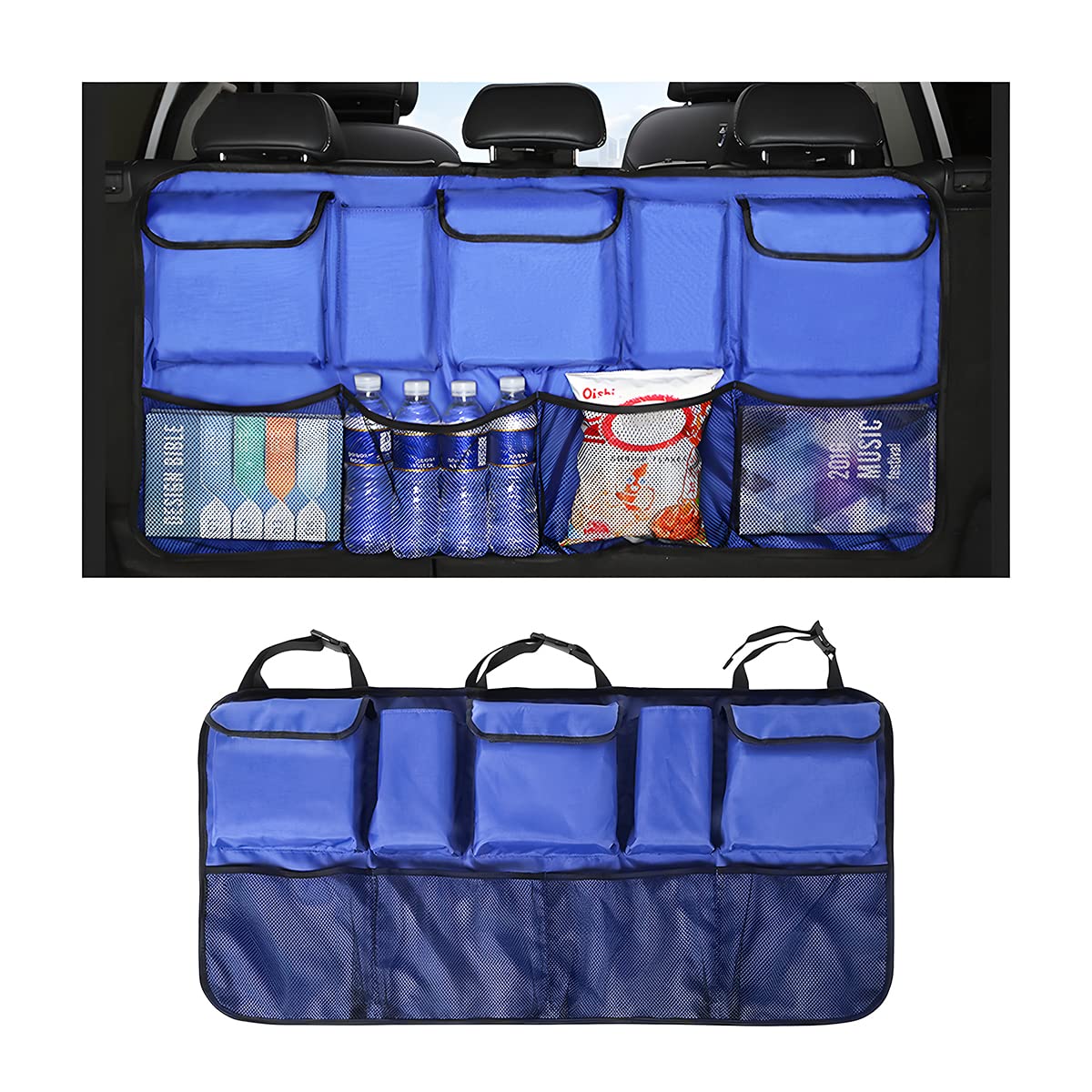 Photo 1 of AICEL Car Trunk Organizers, 42.5" x 20.5" Backseat Hanging Organizer with 9 Large Storage Bag, Waterproof Car Organizer with Lids, Road Trip Adjustable Strap Large Capacity Bag for Car SUV (Blue)
