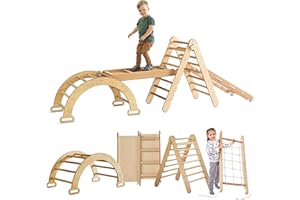 Goodevas 4 in 1 Montessori Indoor Climbing Set for Toddlers - Wooden Play Gym for Kids Pikler Triangle & Arch & Climbing Ramp & Net - Baby Gym Climbing Frame for Toddlers Age 1-7 XL Size