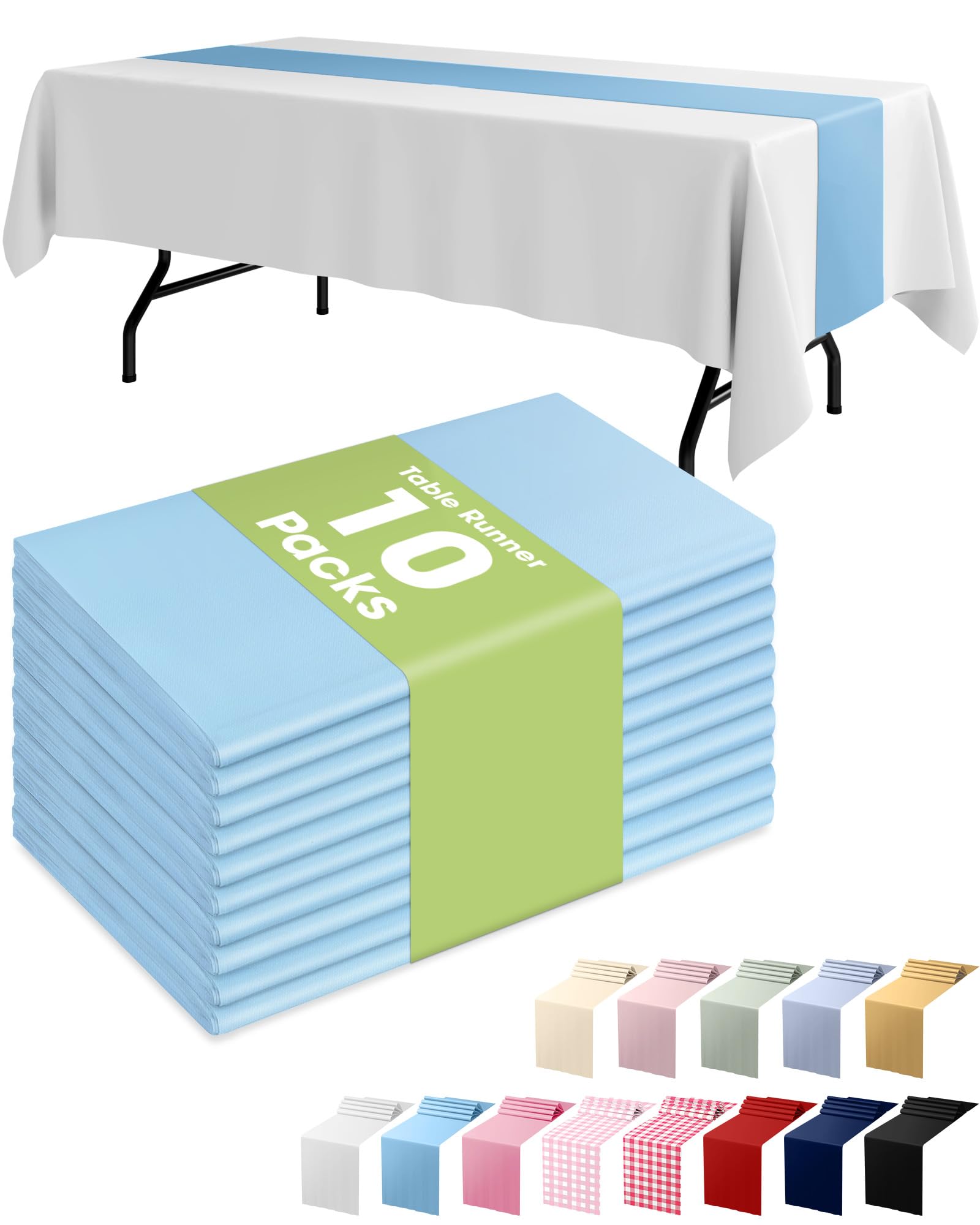 Photo 1 of Pureegg Light Blue Plastic Table Runners - 10 Pack, 14'' x 108'', Water Resistant & Disposable Centerpiece Decorations for Table Cloth, Wedding, Birthday, Holiday, Baby Shower, Party, Home Decor