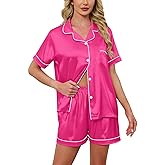 Schbbbta Women Pajamas Set, 2 Pieces Satin Silk Button Down Pjs Short Sleeve Outfits Loungewear
