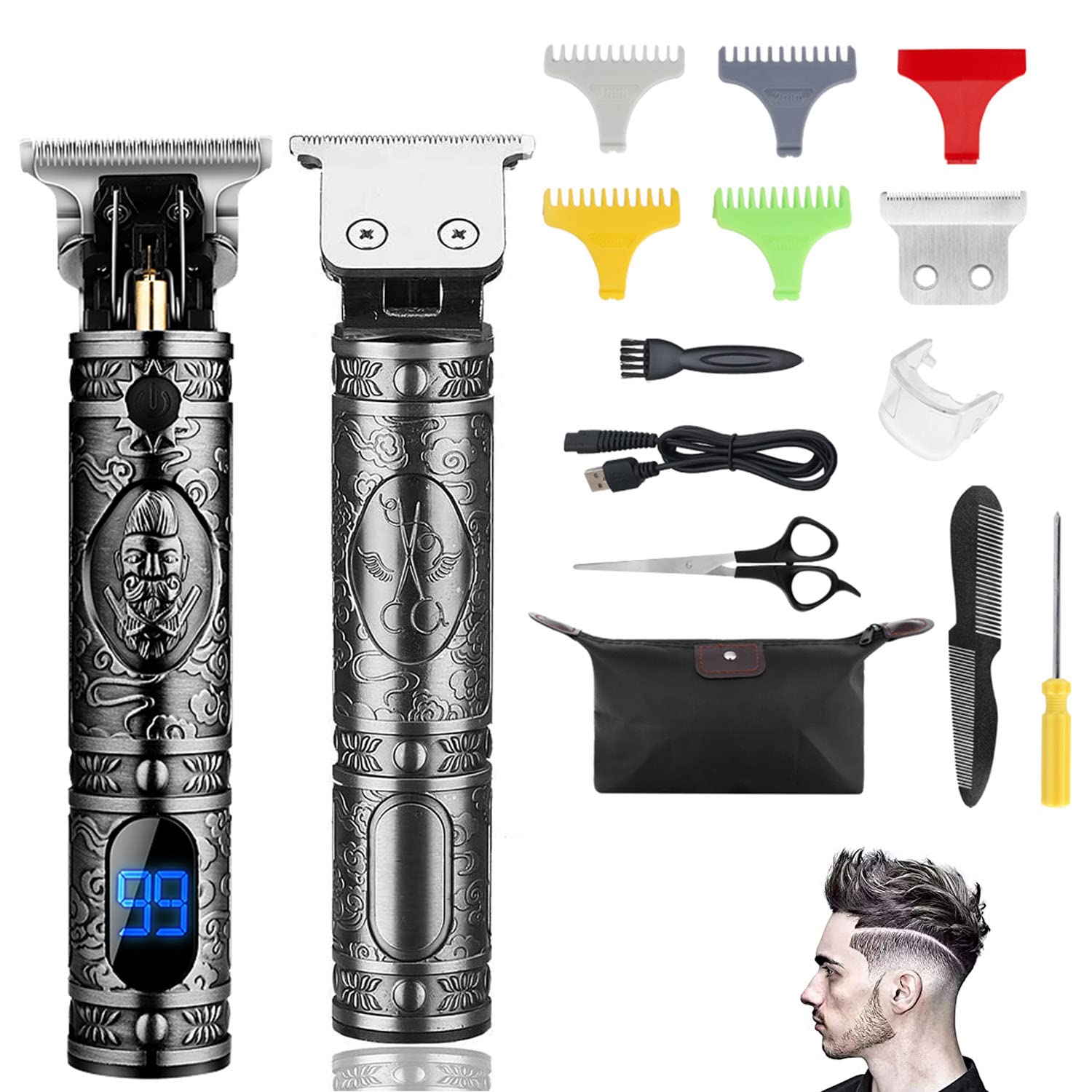 Kavolet Hair Clippers for Men, Professional Hair Finishing Trimmers with LCD Display, T-Blade Hair Trimmer Electric Haircut Kit Beard Trimmer USB Electric Beard Scissors Comb for Home, Barber, Grey
