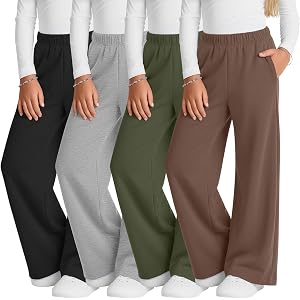 Custoneei 4 Pack Girls Wide Leg Sweatpants | for 5-16Y, Baggy, Tween School Pants, Open Bottom, Elastic Waist, Pockets, Soft,