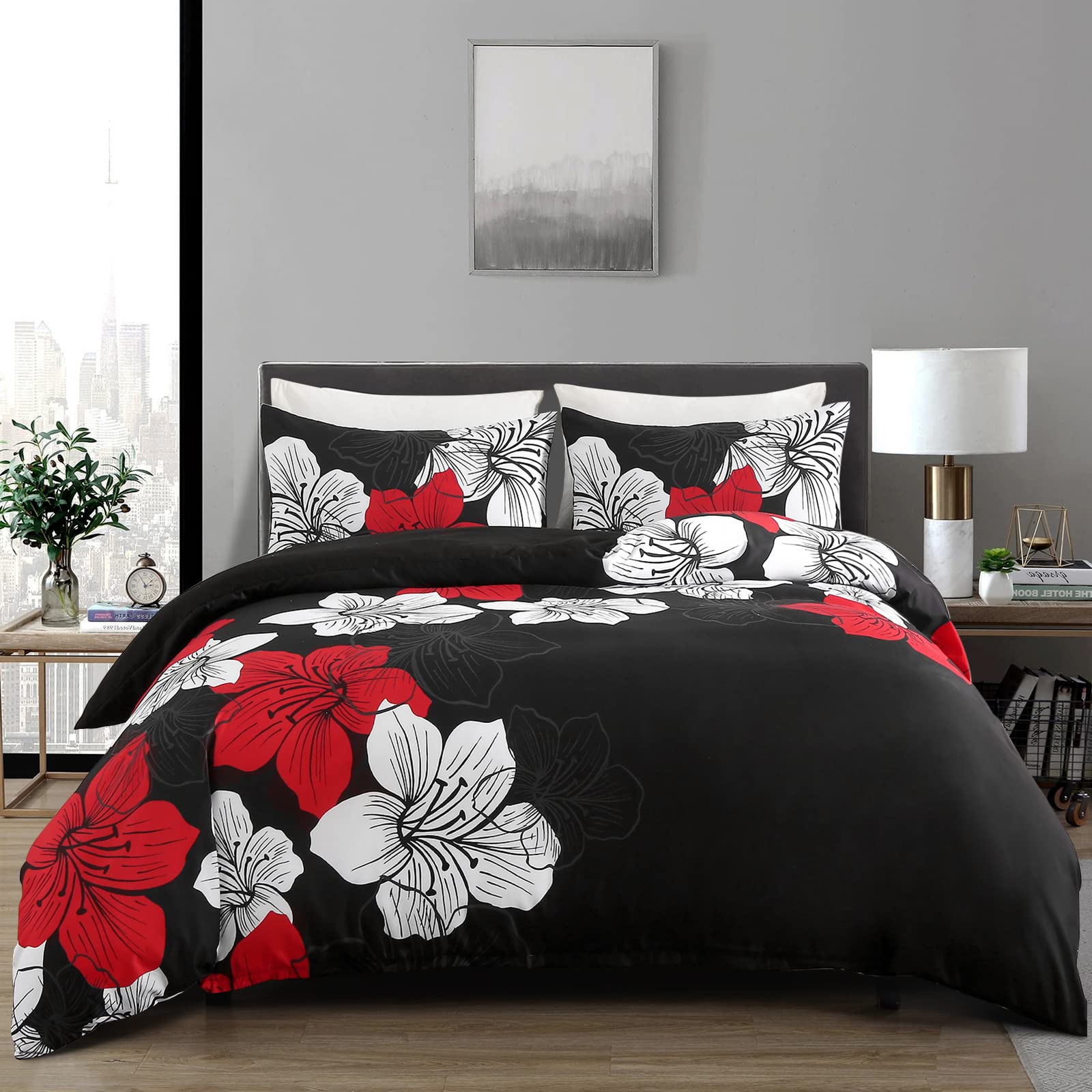 Photo 1 of Menghomeus Black Comforter Set Queen Red and White Floral Comforter with 2 Pillowcases Modern Bedding Sets Lightweight Bed Set for All Season