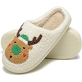 LIONPARK Women Christmas Elk Xmas Slippers: Red Moose Cute Cartoon Fuzzy Warm House Men Slippers Winter Soft Cozy Non-Slip Memory Foam Indoor Outdoor Shoes B(M) 5.5-10.5 D(M) 5-11