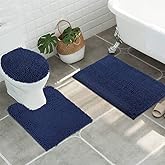 ITSOFT 3pc Non-Slip Shaggy Chenille Bathroom Mat Set, Includes 24"x21" U-Shaped Contour Toilet Rug, 34"x21" Bathmat and 1 Toilet Lid Cover, Navy Blue
