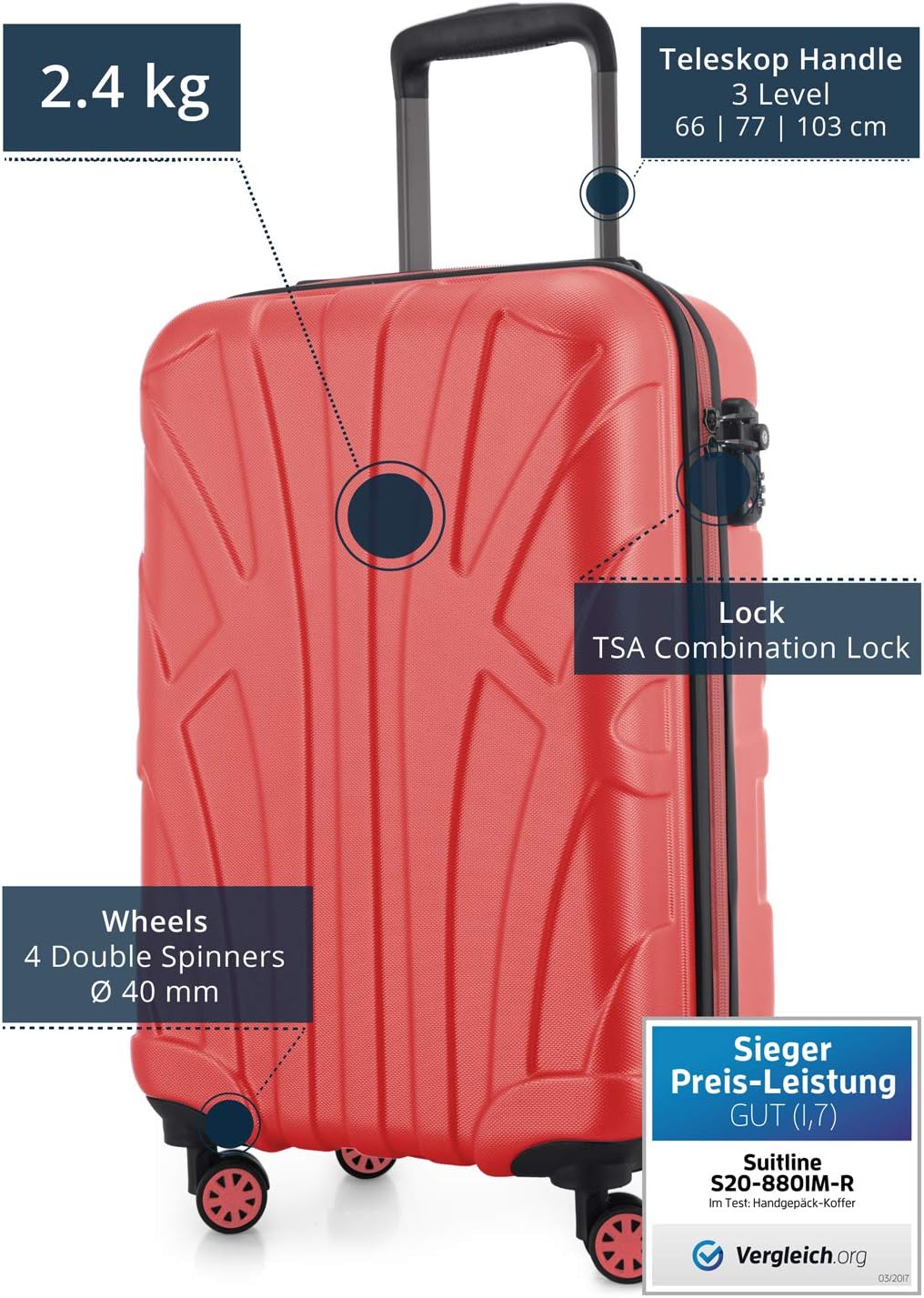 Suitline - Hand Luggage, Carry on Cabin Trolley, Hardshell Suitcase, 100% ABS, 55 cm, 34 liters, Coral, 55 cm (S) - Image 3