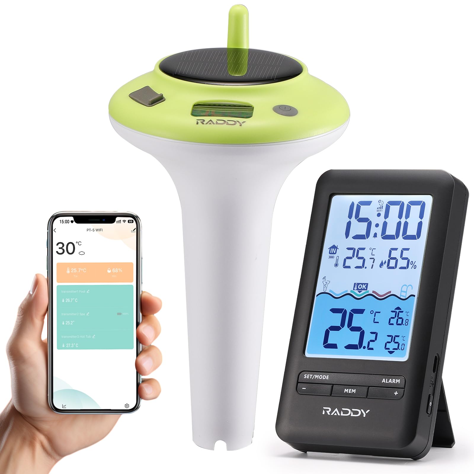 Photo 1 of ***MISSING HARDWARE***Raddy PT-5 Wi-Fi Pool Thermometer, Wireless Smart Floating Sensor with Indoor Console, APP Remote Monitoring, IPX8 Waterproof, Solar & USB-C Rechargeable, for Hot Tub Spa Swimming Pool Tank Aquarium