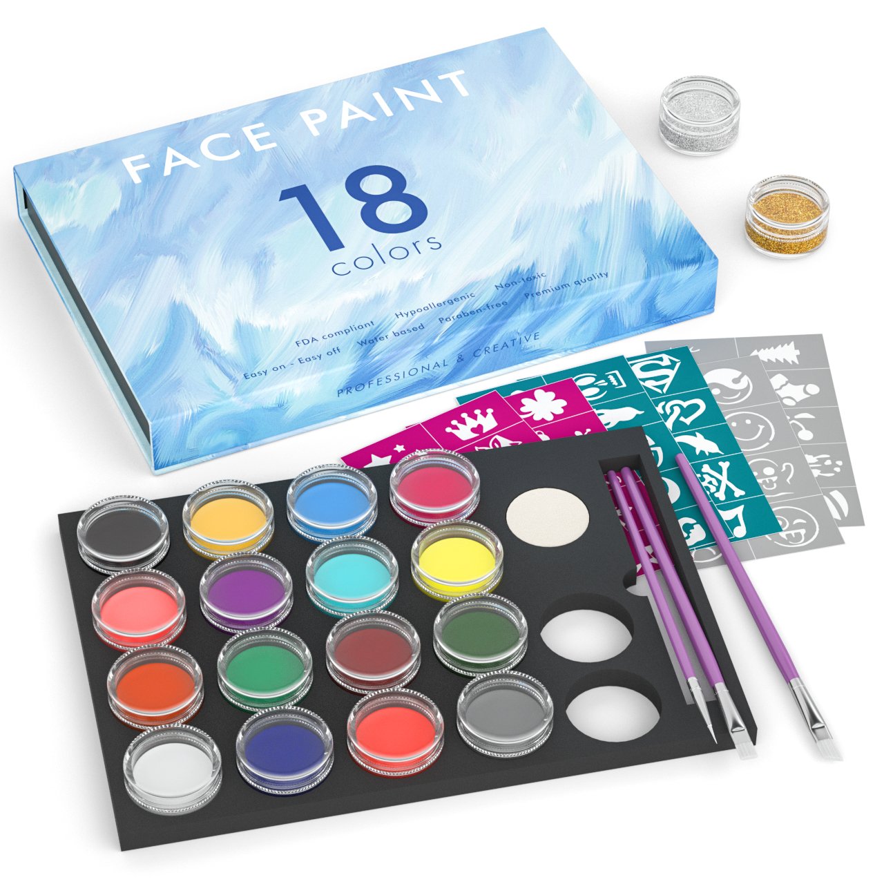 Face Paint Kit with 48 Stencils, Nicpro AQ Pro Body Painting Set of 16 Colors & 2 Glitters 3 Assorted Paint Brushes 2 Sponges Non-toxic Water-Based