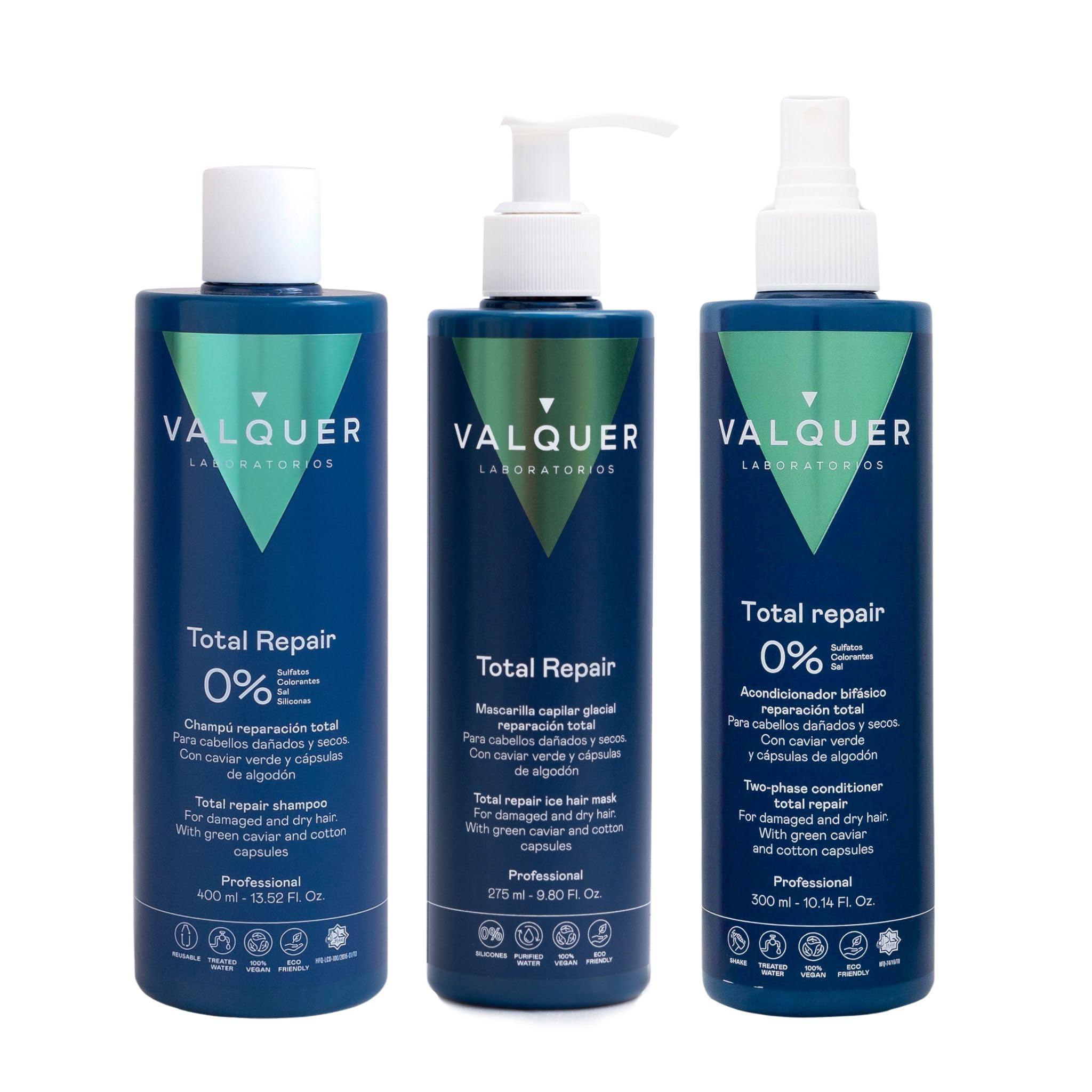 Valquer Total Repair Zero Pack Shampoo 400 ml Mask 275 ml and Biphasic Conditioner 300 ml Repairs Softens and Nourishes Damaged and Dry Hair Intensive Hydration with Green Caviar and Vitamin E.