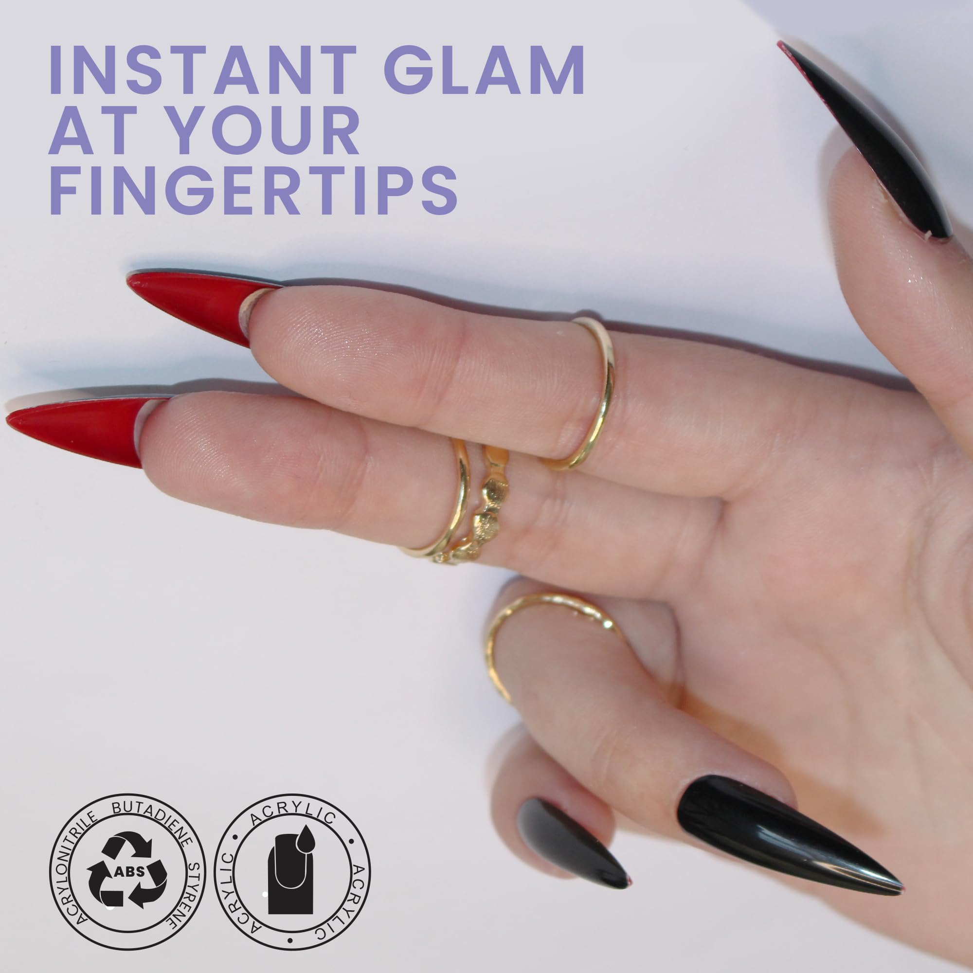 Allkem Press On Nails - Black Red Bottoms Glossy Extra Long Sculpted Stiletto 2 Set Bundle | 10 sizes - 20 pcs Nail kit with Glue - Image 4