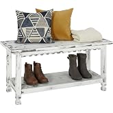 Country Cottage 36-Inch Farmhouse Entryway Bench with Storage Shelf &ndash; Solid Pine Wood Bench in Distressed White for Hallway, Bedroom, or Mudroom by Alaterre Furniture
