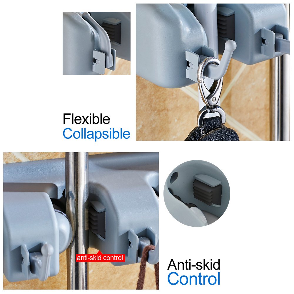 RockBirds Broom Mop Holder, T56 Multipurpose Wall Mounted Organizer, Ideal Broom Hanger Solution for Kitchen, Garage, Warehouse (5 Position with 6 Hooks)