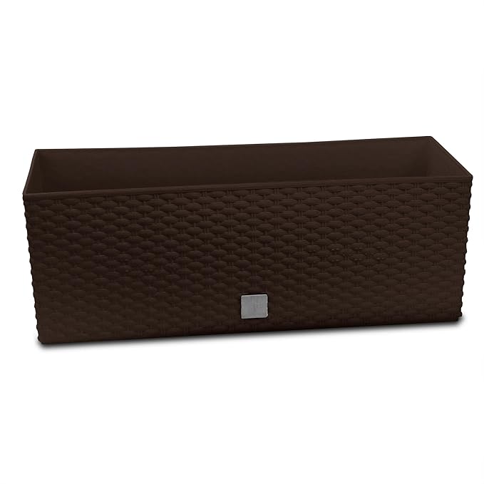 Rattan Optik Blumenkasten 51 cm Braun + Bewässerungssystem + Wasserstandsanzeiger