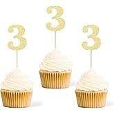 Gexolenu 24 PCS Gold Double-sided 3rd Birthday Cupcake Toppers, Glitter Age THREE Cake Picks Decor, Third Happy Birthday Party Decorations Baby Shower Anniversary Party Supplies