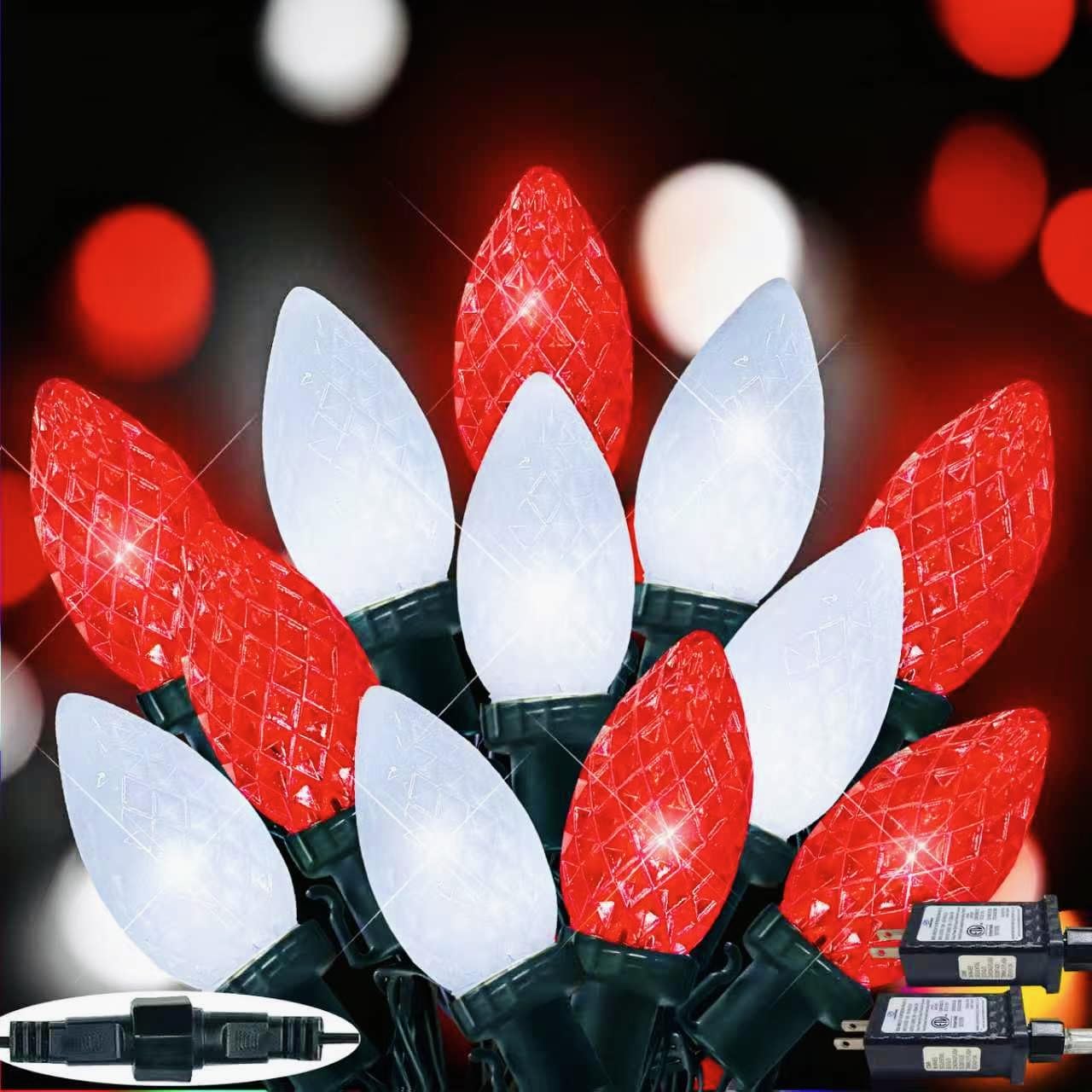 Photo 1 of 2-Pack Connectable C9 Christmas Lights Outdoor Indoor, 66 FT 100 LED Christmas String Lights Plug in with 8 Modes & Timer, Waterproof Fairy Twinkle Light for Xmas Tree Yard Decorations (Red and White)