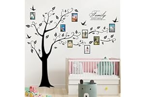 AM AMAONM Large Family Photo Tree Wall Sticker 3D Peel and Stick Vinyl Photo Frame Tree Wall Decals Removable Quotes Leaf and Birds Wall Decor for Home Kids Bedroom Living Room Classroom Nursery (Right, Black)