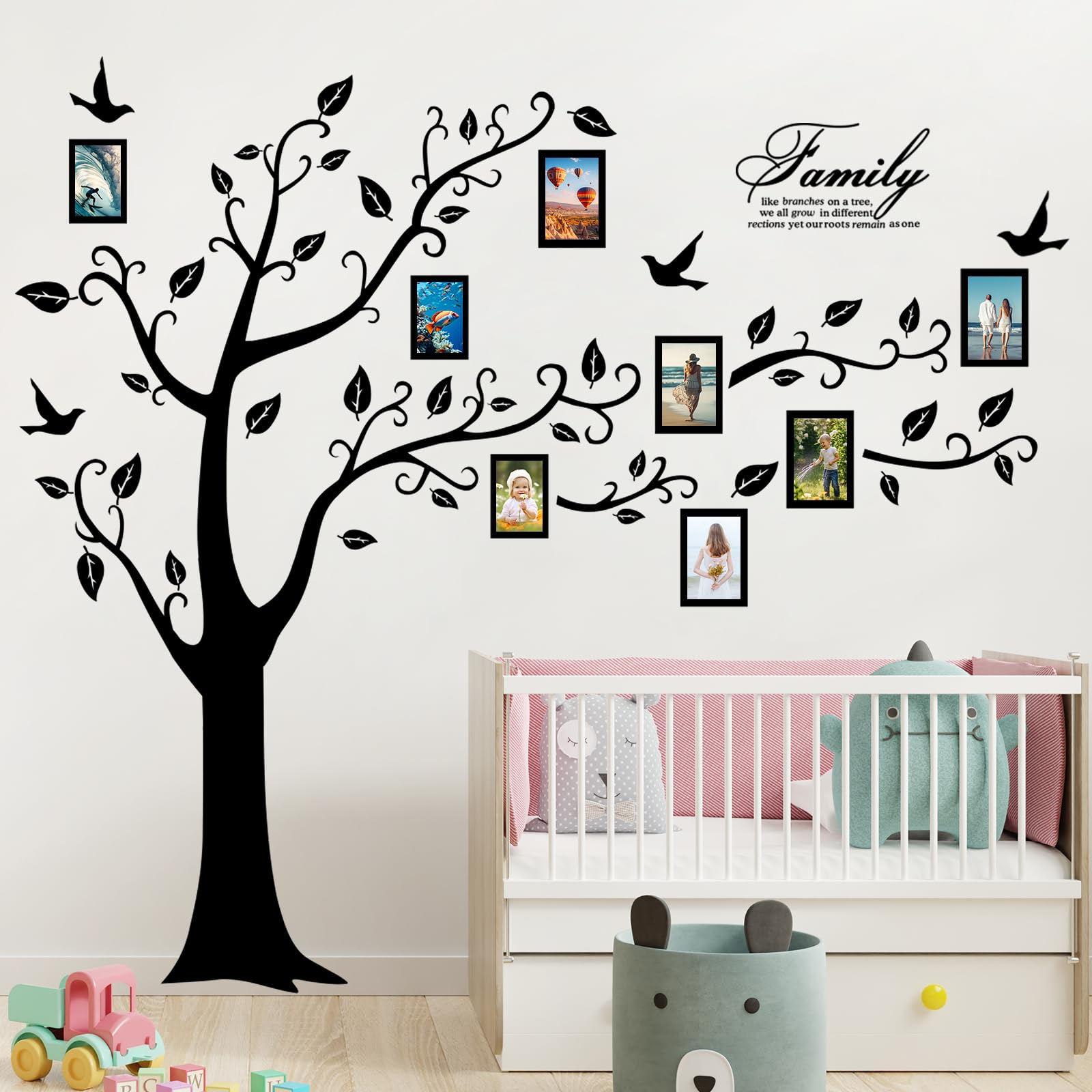 Photo 1 of Large Family Photo Tree Wall Sticker 3D Peel and Stick Vinyl Photo Frame Tree Wall Decals Removable Quotes Leaf and Birds Wall Decor for Home Kids Bedroom Living Room Classroom Nursery (Right, Black)