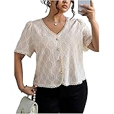 SHENHE Women's Plus Size Summer Dressy Casual Eyelet Top Lace Pearl Button Up Short Sleeve Blouse