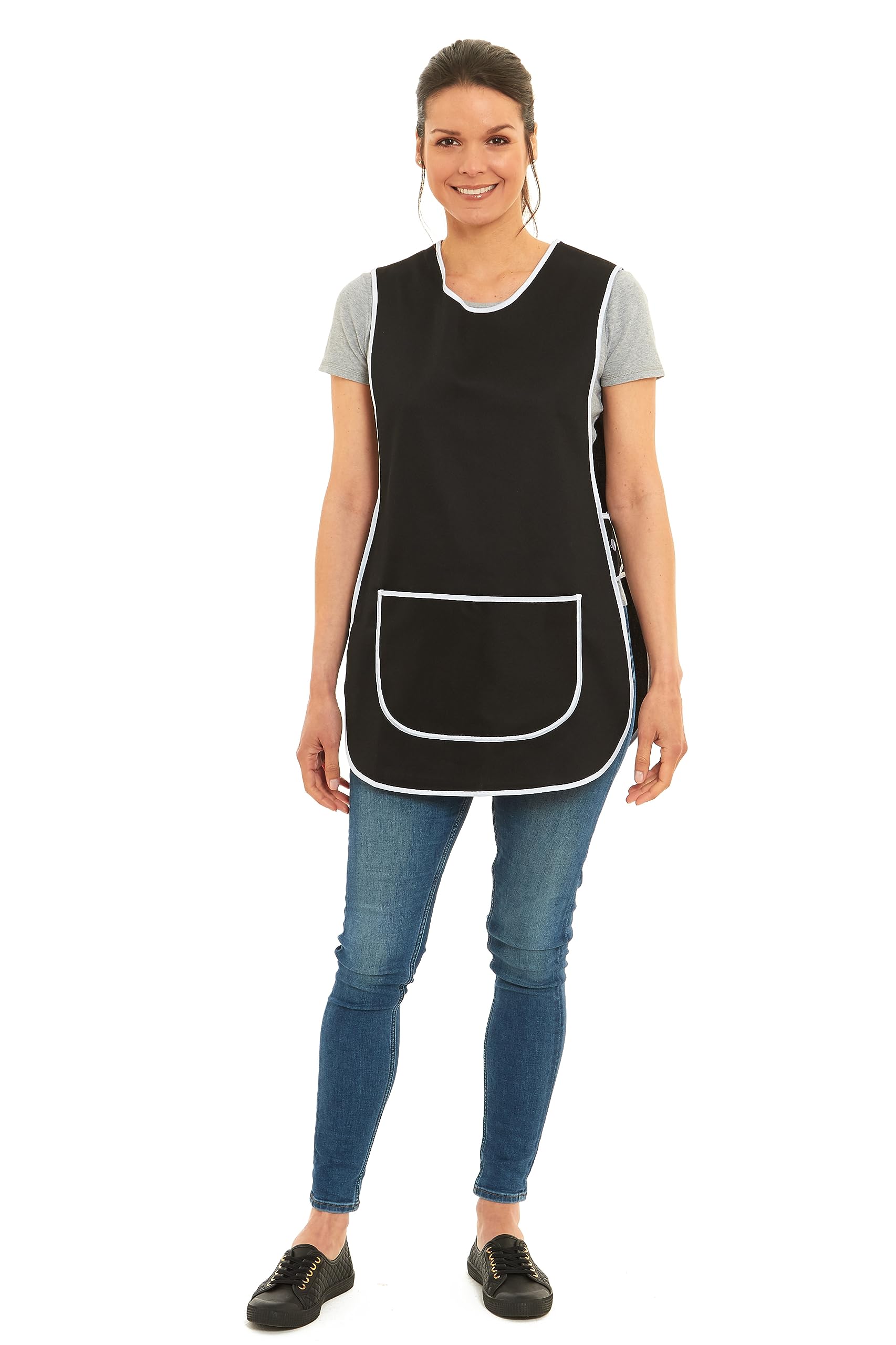 Tesmark Ladies Plain Colour Piping Design Tabard Apron Overalls Front Pocket Stylish Tabards for Women Casual Aprons for Women Home Kitchen Restaurants Coffee Shops UK Made (Small, Black)