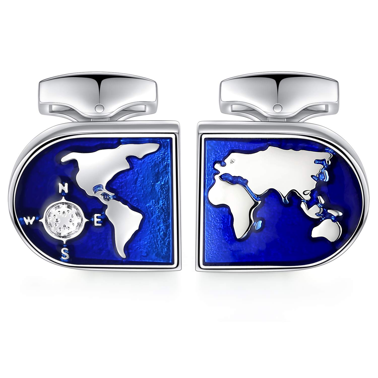 HONEY BEAR World Map Cufflinks - Stainless Steel for Mens Shirt Wedding Business Gift Blue