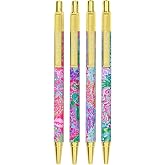 Lilly Pulitzer Pen Set of 4, Shell Me Something Good | Plastic, Retractable Tip, Click, Black Ink Pen Pack for Cute Home or Office Stationery with Pocket Clip