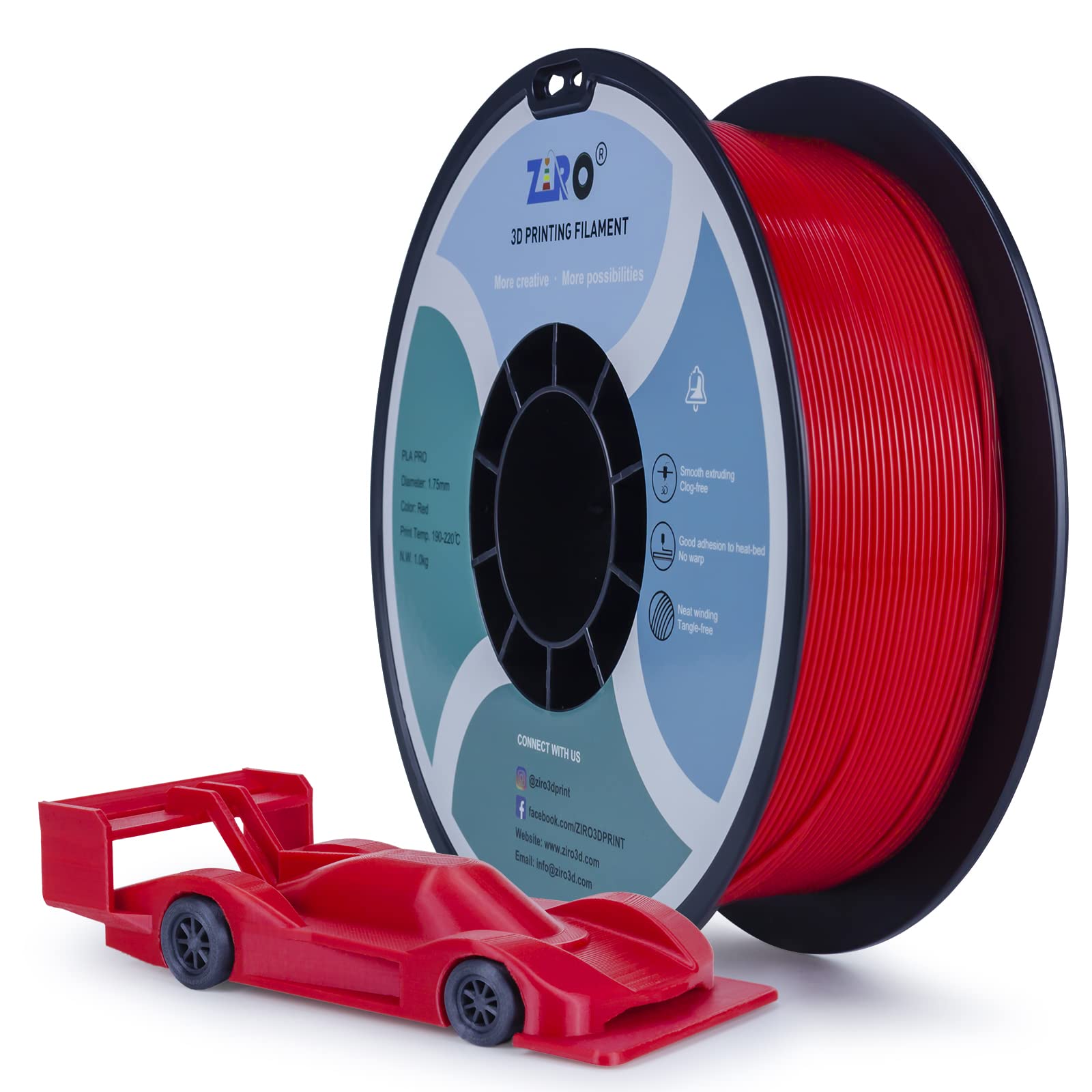 ZIRO PLA Filament 1.75mm, 3D Printer Filament PLA PRO Basic Color Series 1.75mm 1kg (2.2lbs), Dimensional Accuracy +/- 0.03mm, Red