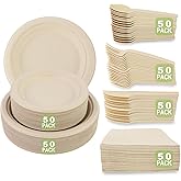 Diihossbox 300 Piece (50 Sets) Biodegradable Paper Plates Set Disposable Heavy-Duty Eco Friendly Dinnerware Set,Include Plates,Forks,Knives,Spoons,Napkins for Birthday Camping Party